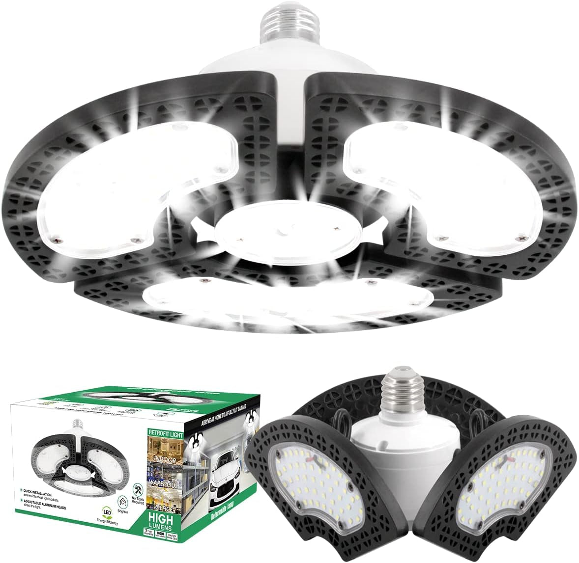 Garage Light 2 Pack 120W 15000LM Led Shop Light 6000K,Garage Lights Ceiling Led with 3 Adjustable Panels,Shop Lights for Garage Led Super Bright,E26 Base Ideal for Workshop/Attic/Barn/Basement